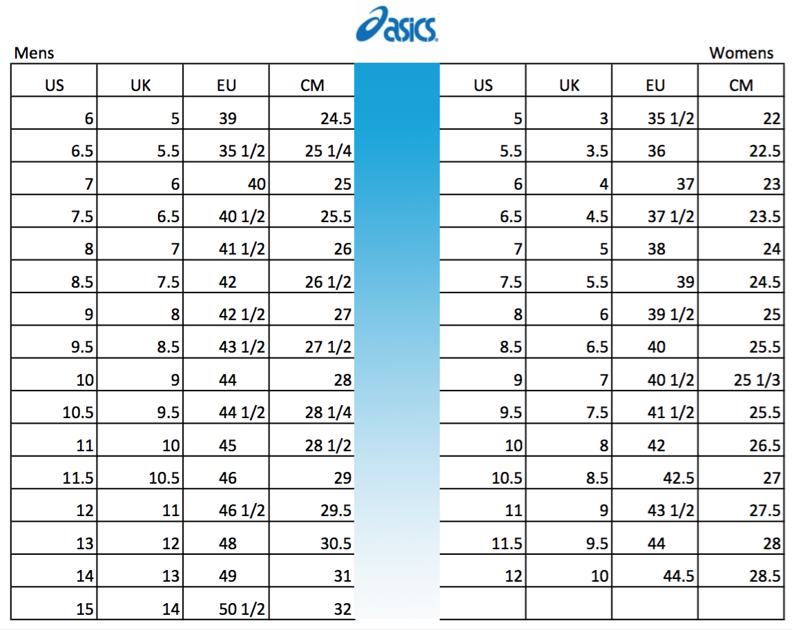 Asics Kids Shoe Size Chart