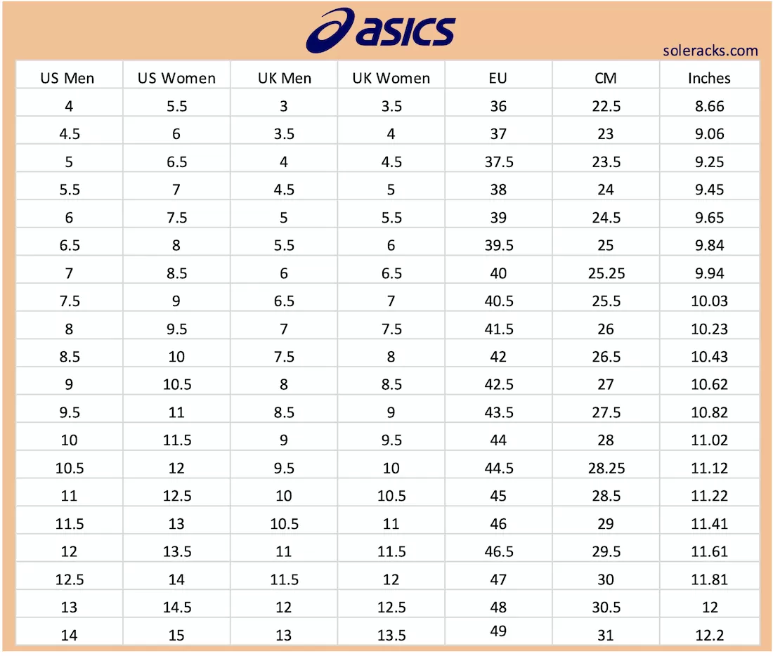 Asics junior size chart on sale