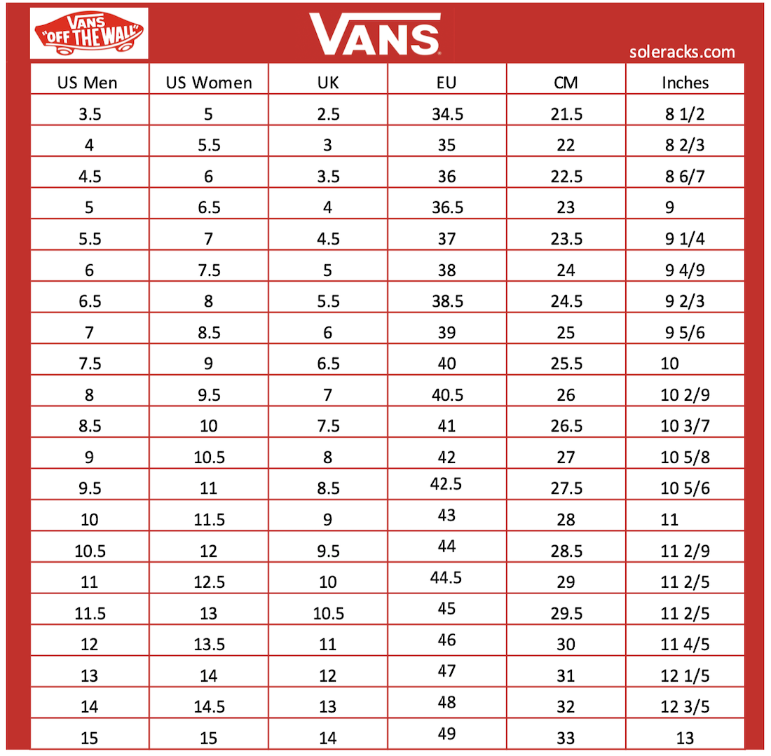 Vans Shoes Size Chart Soleracks