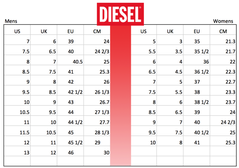 Diesel Shoes Size Chart Soleracks