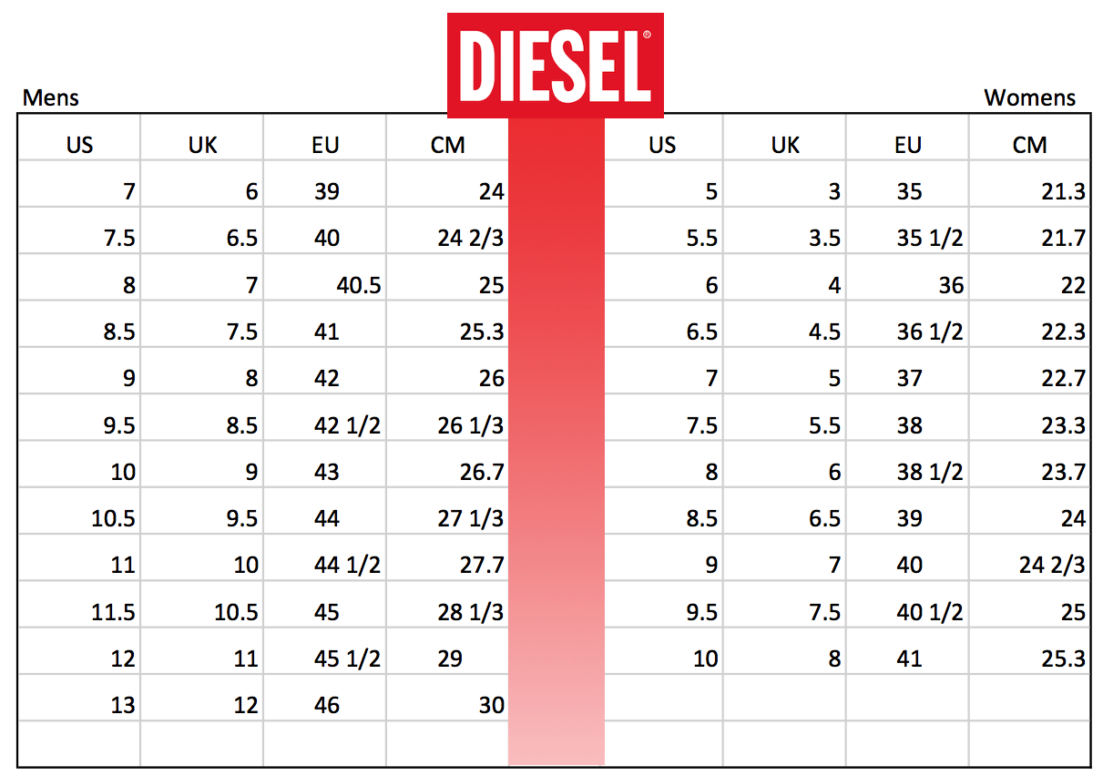 diesel jeans size chart
