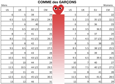 Comme Des Garcons Size Chart