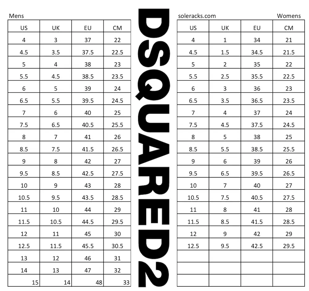 Dsquared2 Shoes Size Chart Guide 