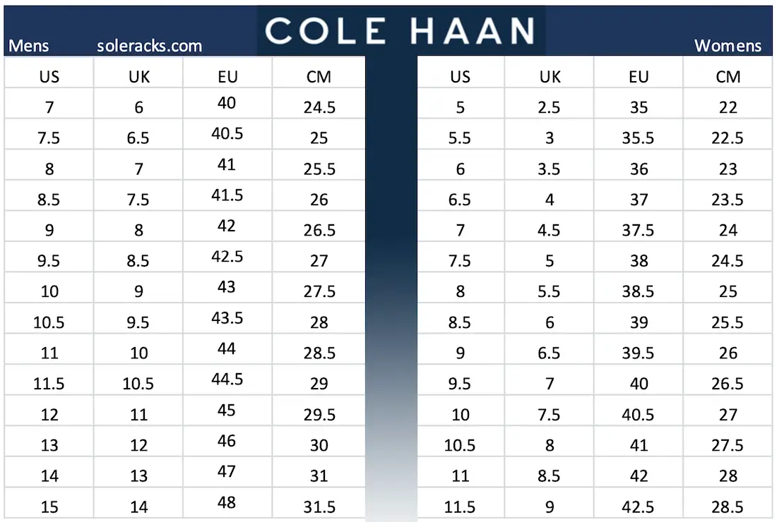 Cole Haan Shoes Size Chart Men's 