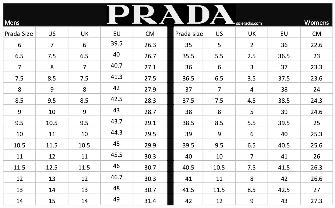 Prada Shoes Size Chart Men's \u0026 Women's 