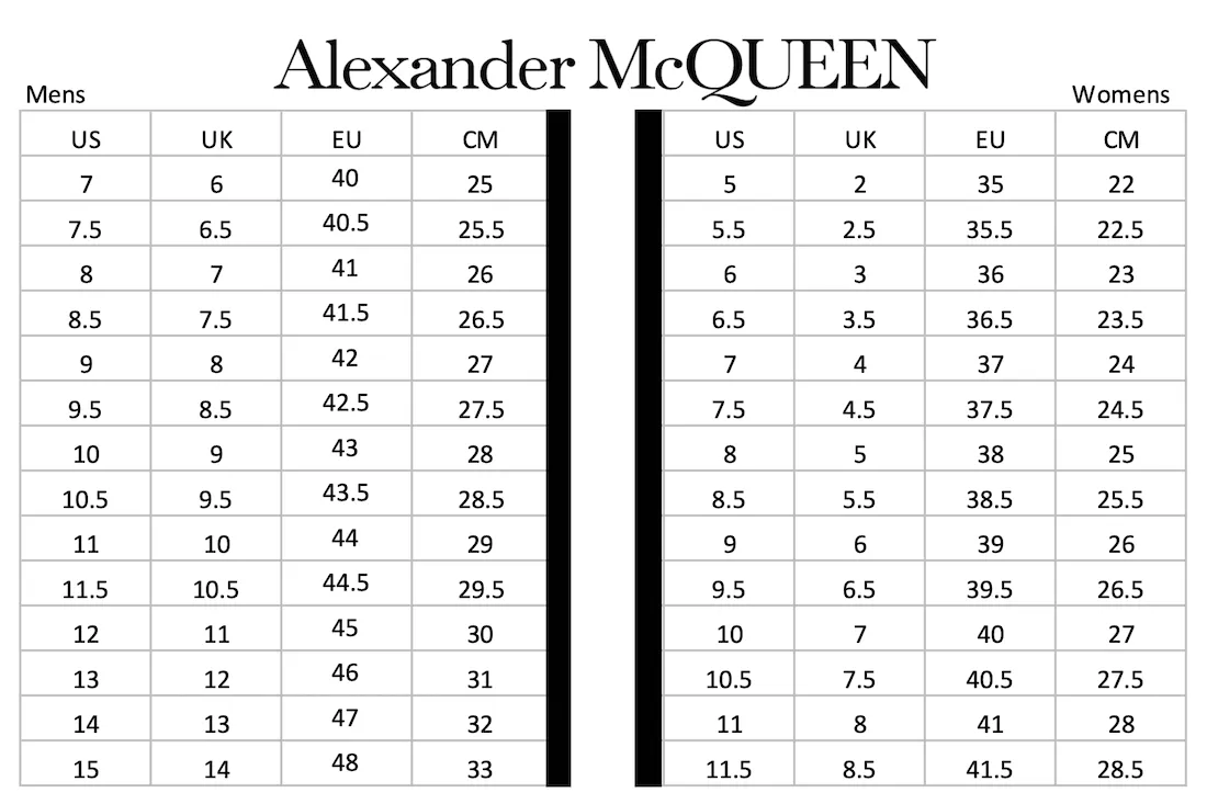 Alexander mcqueen sneaker size chart on sale