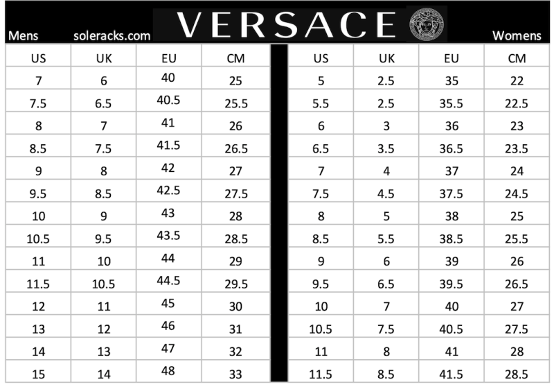 Versace Shoes Size Chart Men's & Women's Soleracks