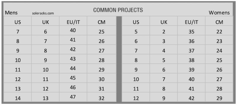 Common Projects Shoes Size Chart - Soleracks