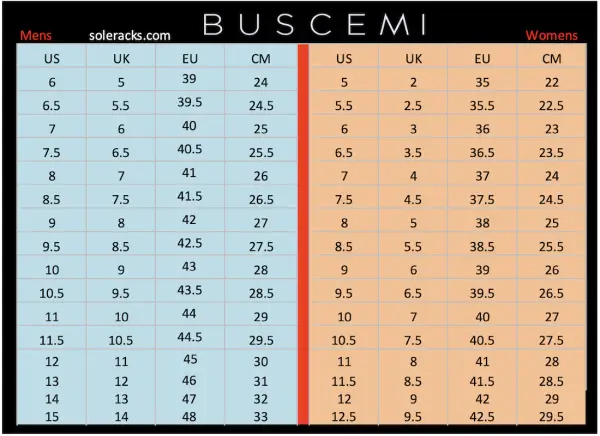 Buscemi Size Chart Men's & Women's - Soleracks