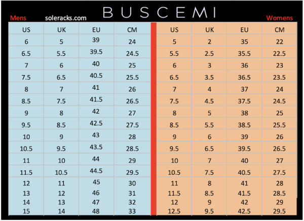 Buscemi Size Chart Men's & Women's - Soleracks