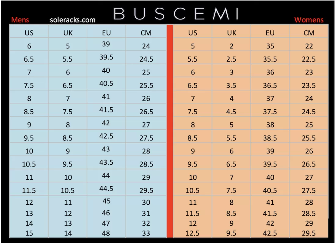 Buscemi Size Chart Men s Women s Soleracks