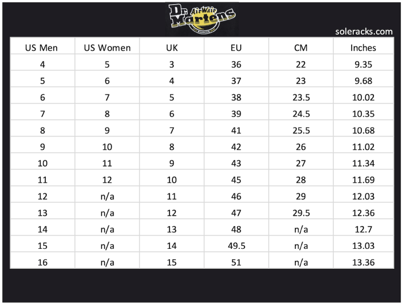 Dr Martens Size Chart Men's & Women's Soleracks