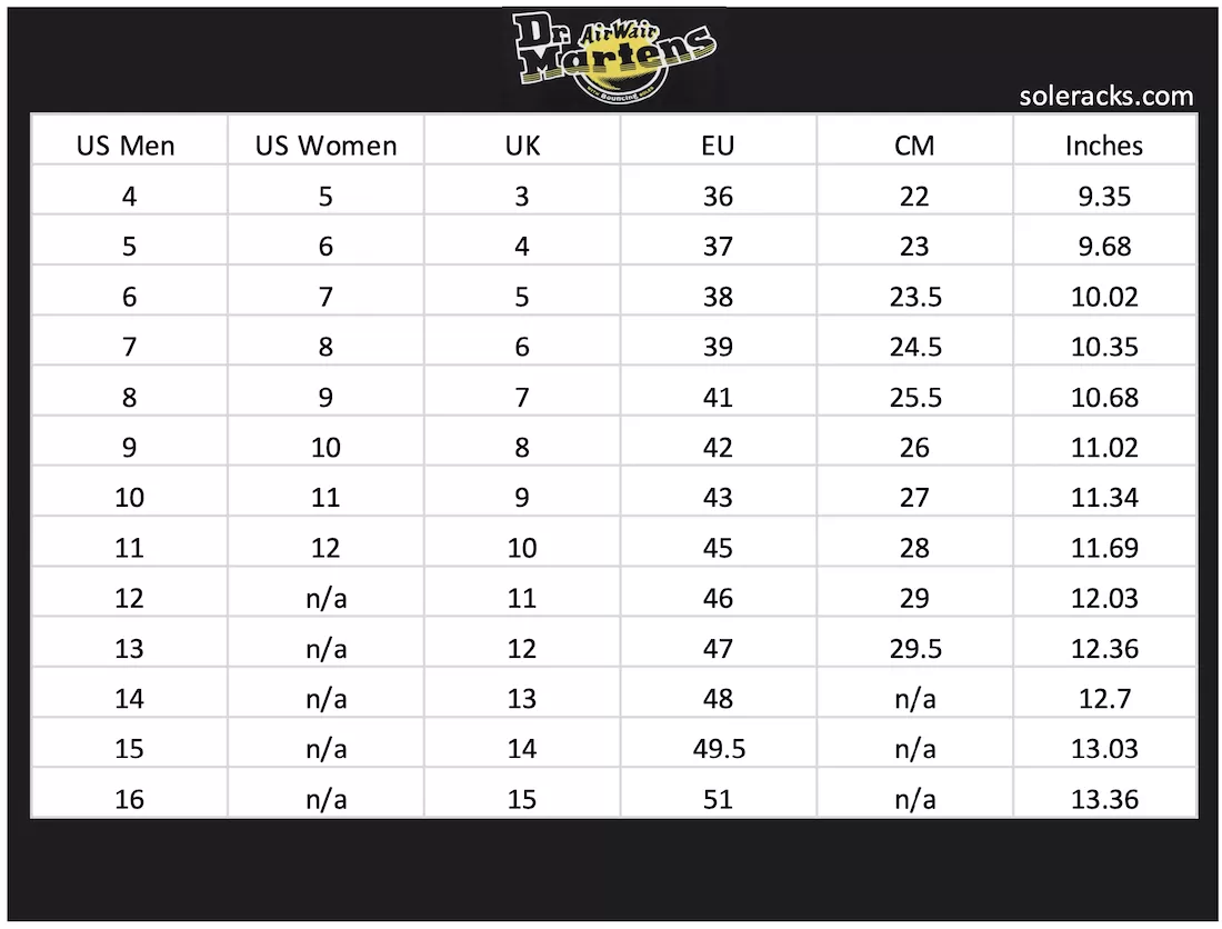 Dr martens women's shoe size chart on sale