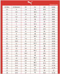 Puma Shoes Size Chart Men's & Women's & Unisex - Soleracks