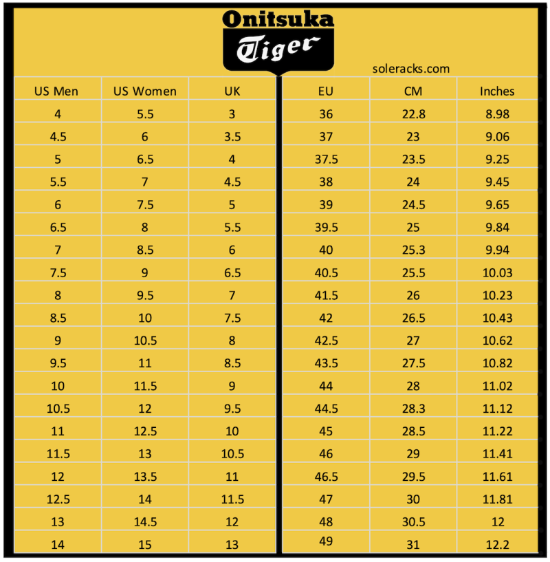 Onitsuka Tiger Shoes Size Chart Men's & Women's - Soleracks