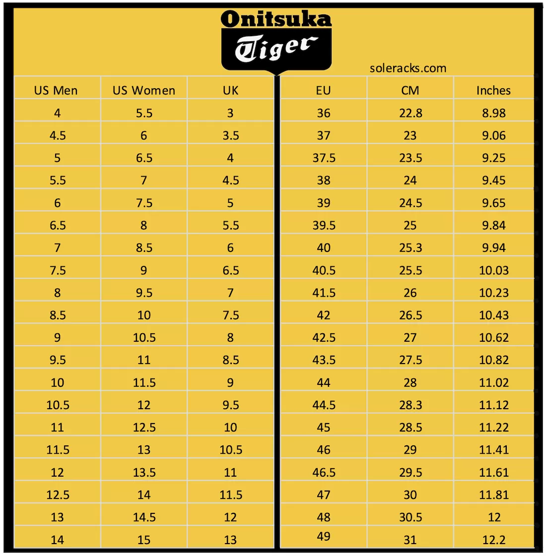 Onitsuka Tiger Shoes Size Chart Men s Women s Soleracks