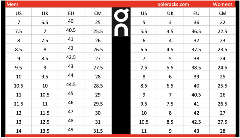 On Cloud Shoes Size Chart Men's & Women's - Soleracks