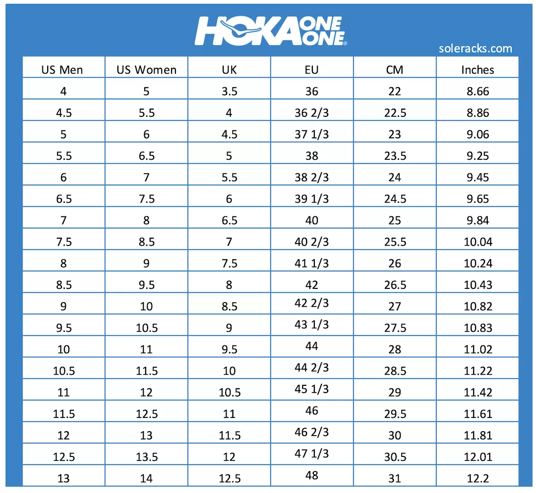 HOKA Shoes Size Chart Soleracks