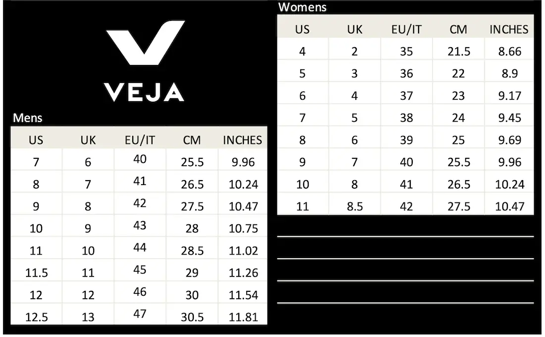 Veja Shoes Size Chart Guide - Soleracks